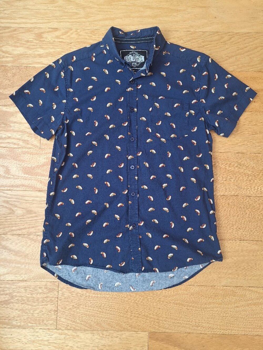 Fun Men's button down shirt with hot dog motif size small slim fit navy blue